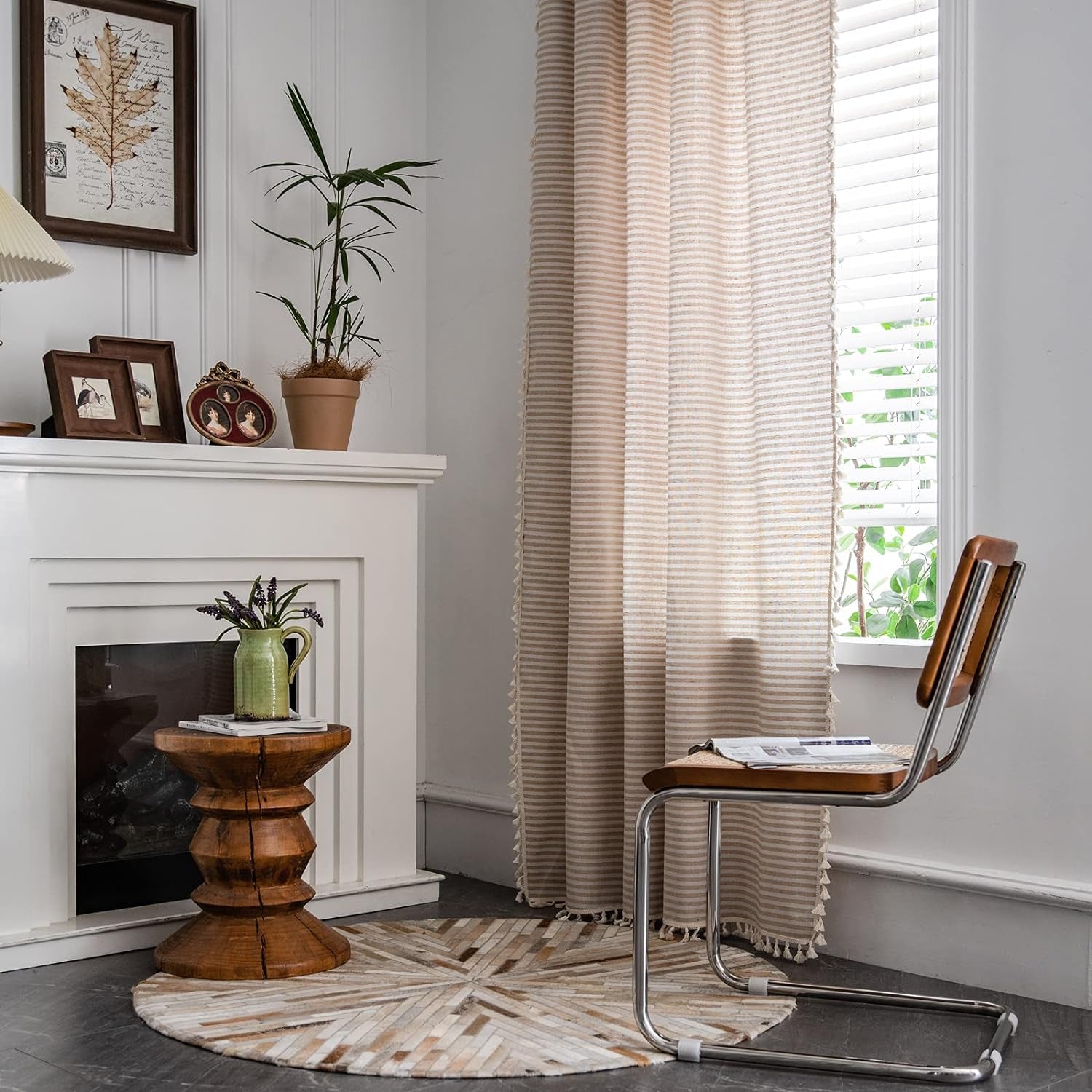 Striped Farmhouse Curtains for Living Room, 2 Panels Cotton Linen Room Darkening Curtains 63 Inch Length Tassel Beige Rod Pocket Window Drapes for Dining Nursery Doorway