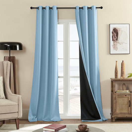 100% Blackout Curtains, Full Shade 90 Inches Long Complete Light Blocking Drapes for Living Room,Thermal Insulated Bedroom Window Treatment Drapes (2 Panels,Haze Blue, 42 X 90 Inch)