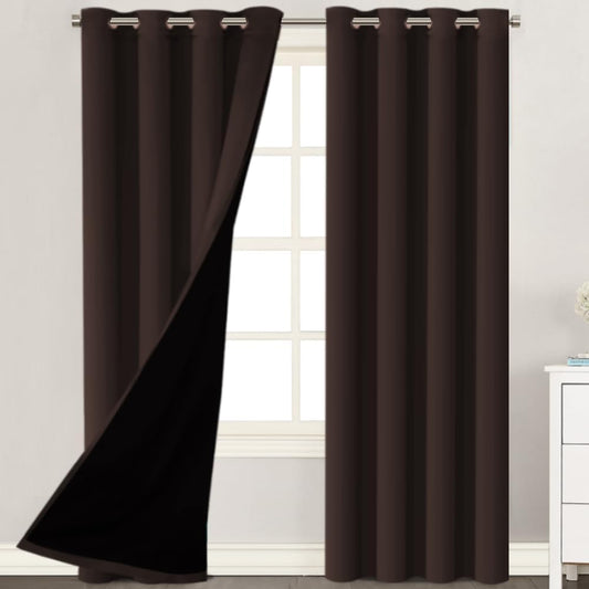 100% Blackout Curtains 84 Inches Long (2 Layers) Full Light Blocking Window Curtain Draperies with Black Liner for Bedroom Thermal Insulated Soft Thick Silky Grommet 2 Panels, Brown