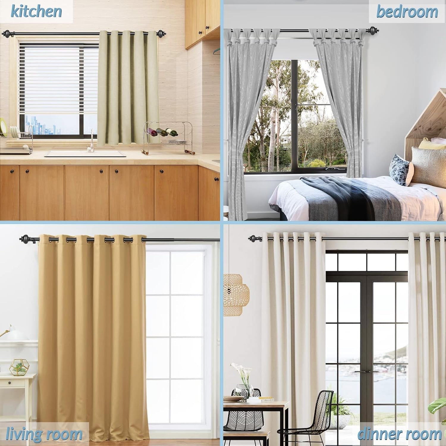 Curtain Rod 1 Inch Single Drapery Rods for Windows with Gourd Finials, 72-144", Black