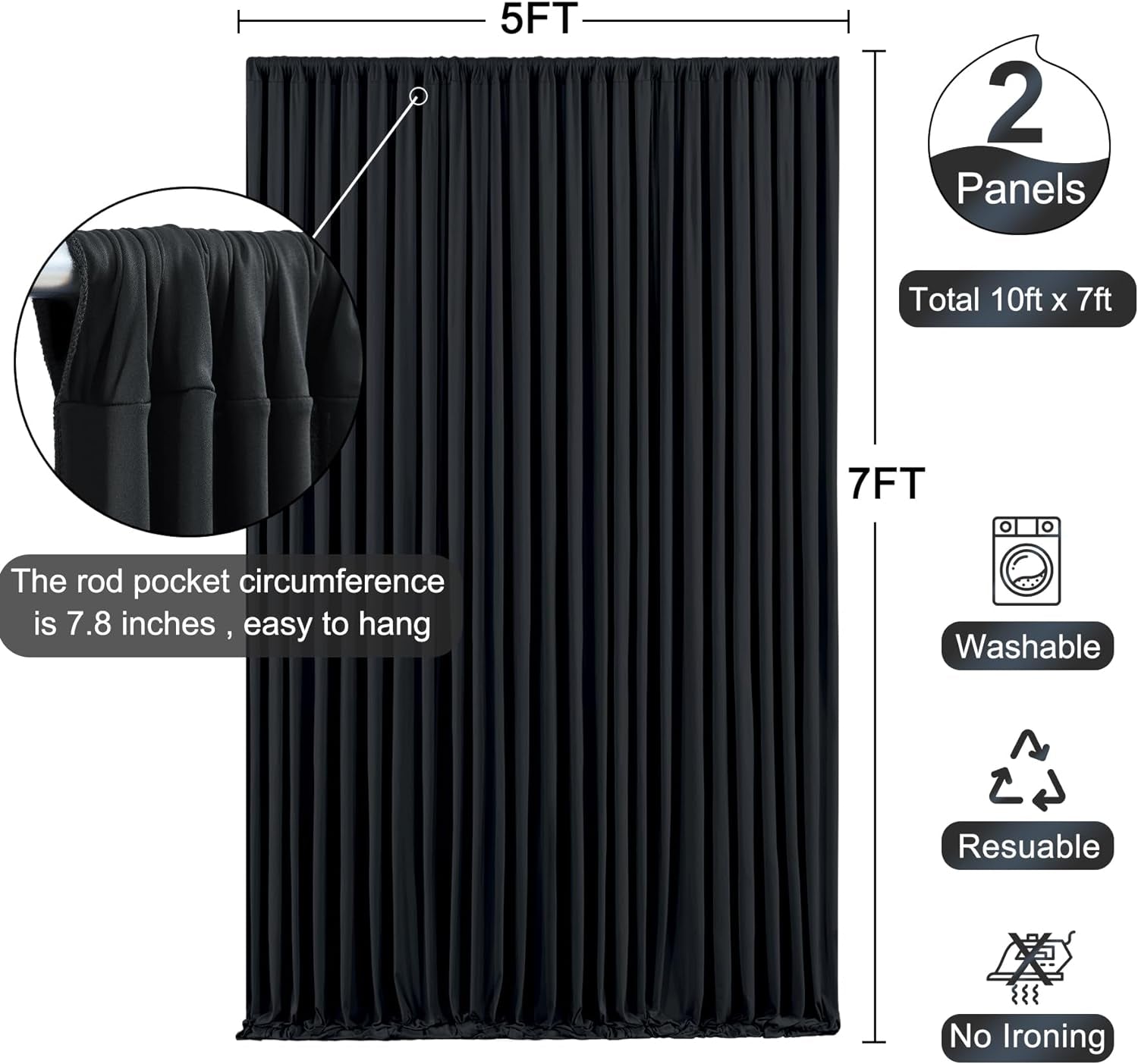 10Ft X 7Ft Black Backdrop Curtain for Parties Black Wrinkle Free Backdrop Drapes Panels for Birthday Party Wedding Photo Photography Polyester Fabric Background Decoration