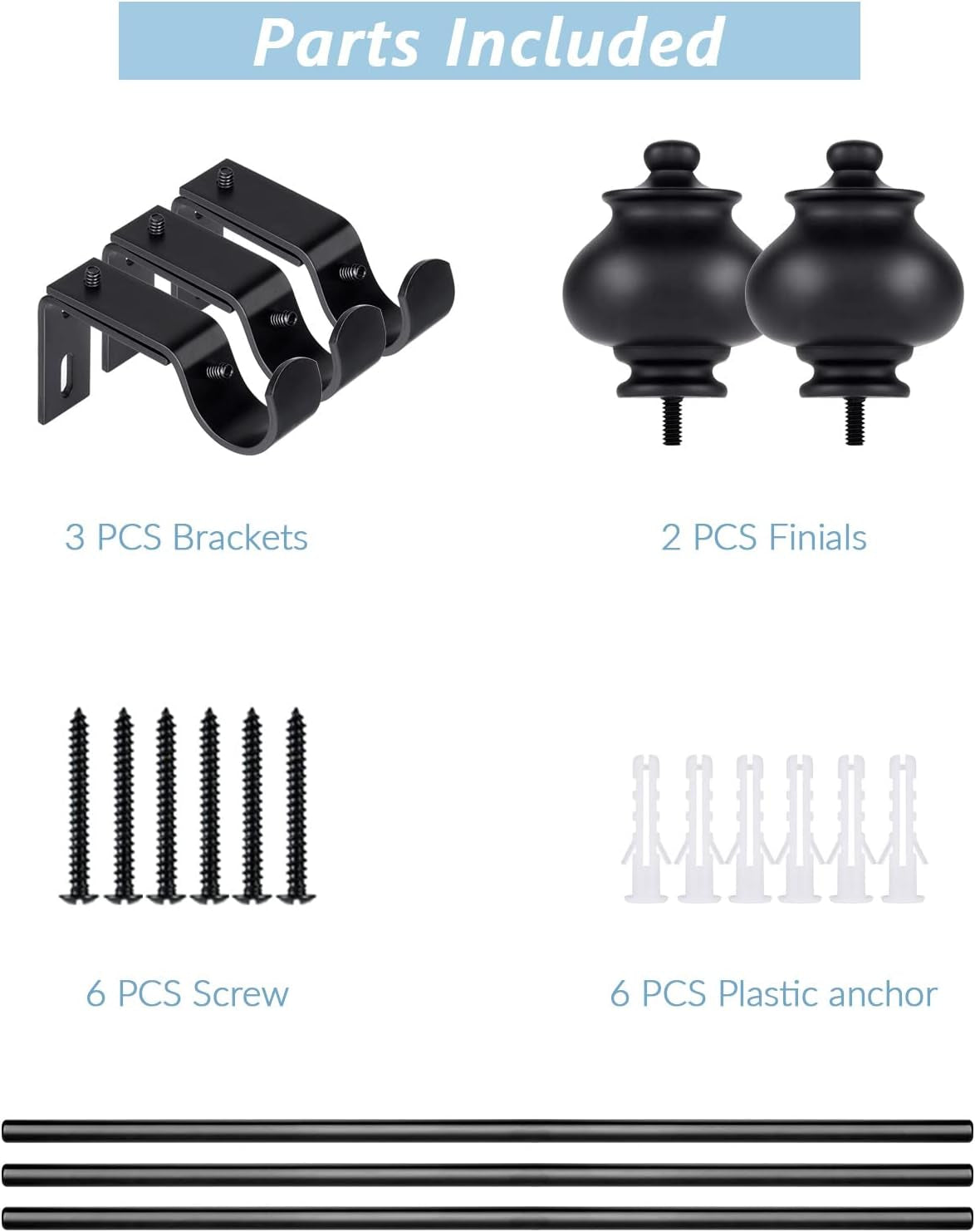 Curtain Rod 1 Inch Single Drapery Rods for Windows with Gourd Finials, 72-144", Black