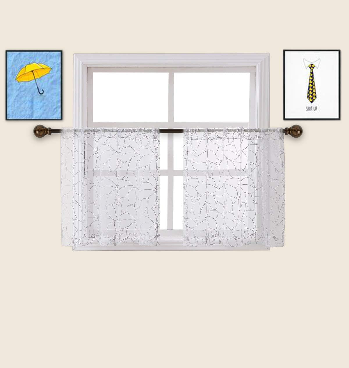 Pair of 30 X 24 Short White Kitchen Curtains with Silver Grey Thread. Use Our Boho Cafe Curtain Tiers as RV Window Curtains, Basement Curtains or Bathroom Drapes. O Silver Tiers 24"