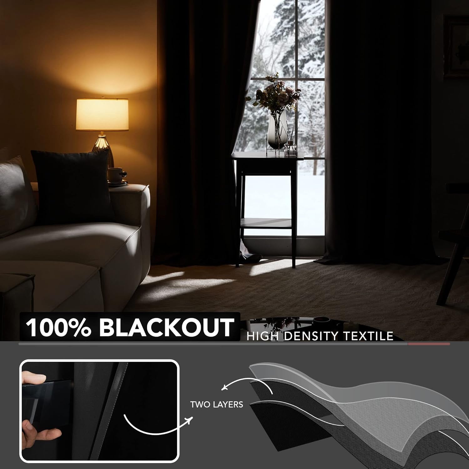 100% Blackout Curtains - 2 Layers, Thermal Insulated, Noise-Reducing Drapes - Bedroom, Nursery, Home Theater - Energy-Efficient & Oeko-Tex Certified - Black, 42W X 63L Inch