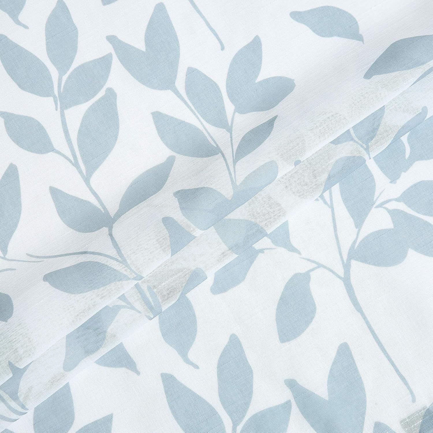 Blue White Sheer Curtains 84” Long Living Room Leaf Printed Linen Textured Semi Sheer Drapes for Guest Bedroom Botanical Country Rustic Light Filtering Window Treatment Sets for Dining Kitchen 2 Pcs