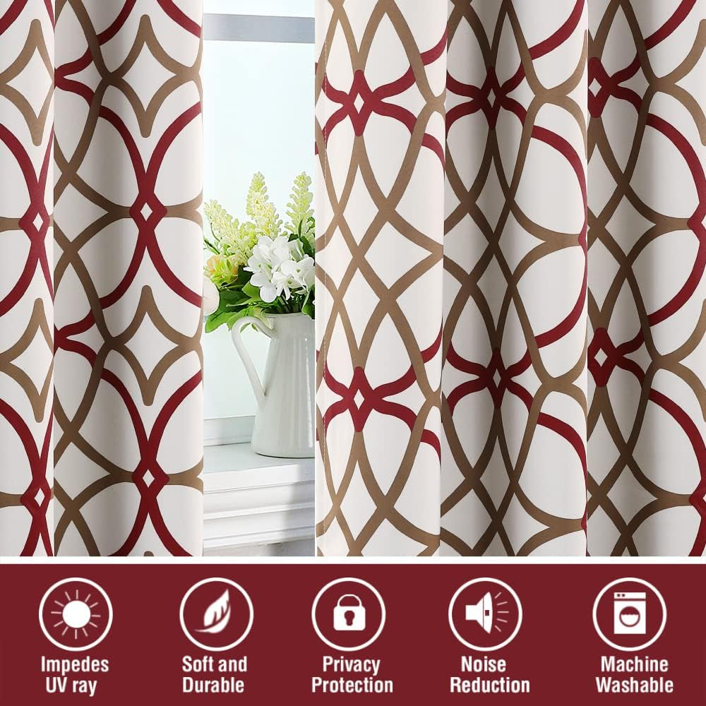 Printed Design Blackout Curtains for Bedroom 96 Inch Length Thermal Insulated Curtains for Bedroom Living Room Modern Grommet Window Drapes 2 Panels Set, Taupe and Red