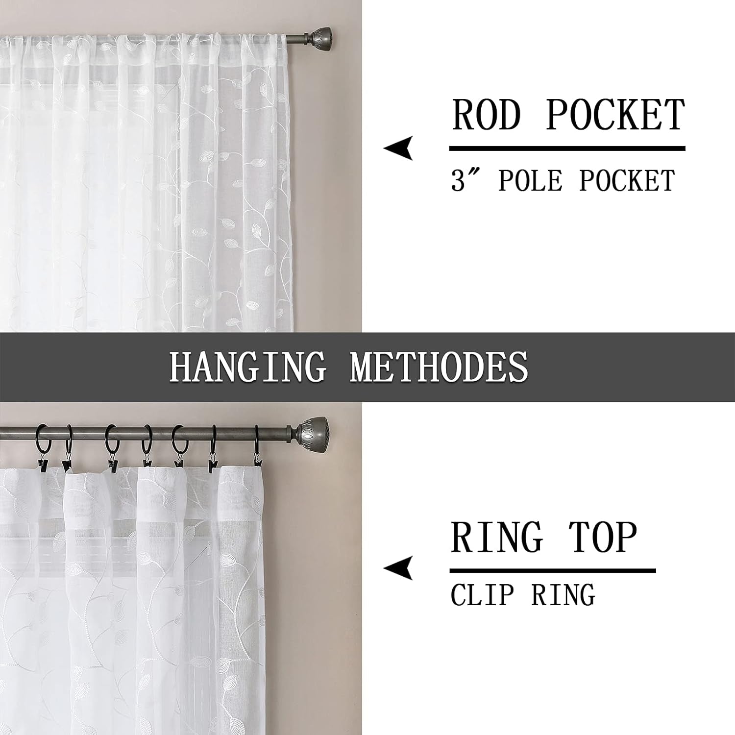 Leaves Short Sheer Curtain White Leaf Embroidery Bedroom Curtains Rod Pocket Voile Faux Linen Embroidered Leaves Curtain for Living Room, 54 X 54 Inches Long, Set of 2 Panels