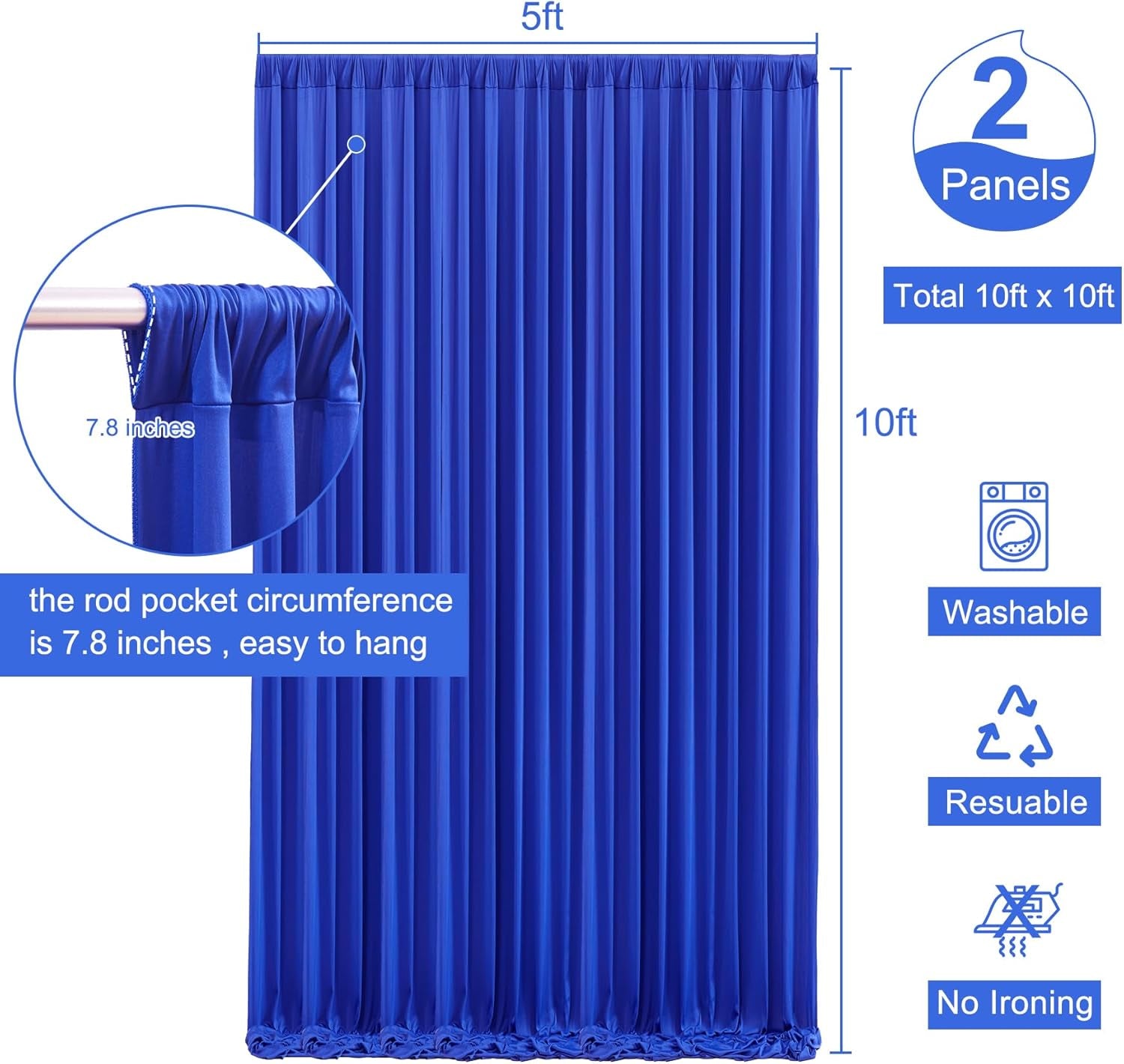 10Ft X 10Ft Royal Blue Backdrop Curtain for Parties Blue Wrinkle Free Backdrop Drapes Panels for Baby Shower Birthday Party Wedding Photo Photography Polyester Fabric Background Decoration