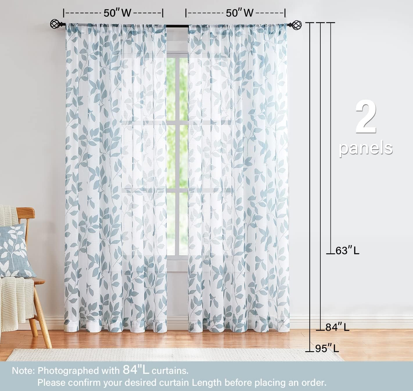 Blue White Sheer Curtains 84” Long Living Room Leaf Printed Linen Textured Semi Sheer Drapes for Guest Bedroom Botanical Country Rustic Light Filtering Window Treatment Sets for Dining Kitchen 2 Pcs