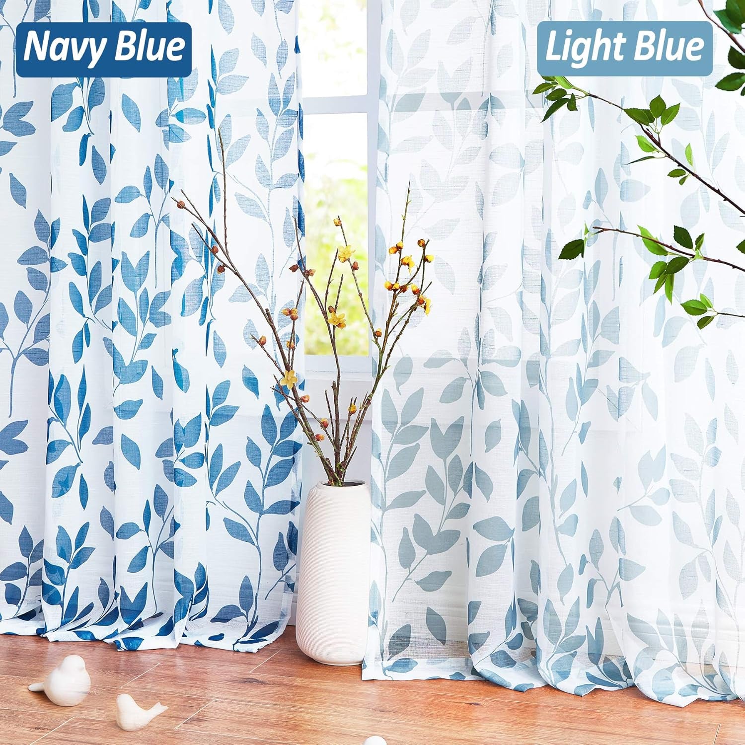 Blue White Sheer Curtains 84” Long Living Room Leaf Printed Linen Textured Semi Sheer Drapes for Guest Bedroom Botanical Country Rustic Light Filtering Window Treatment Sets for Dining Kitchen 2 Pcs