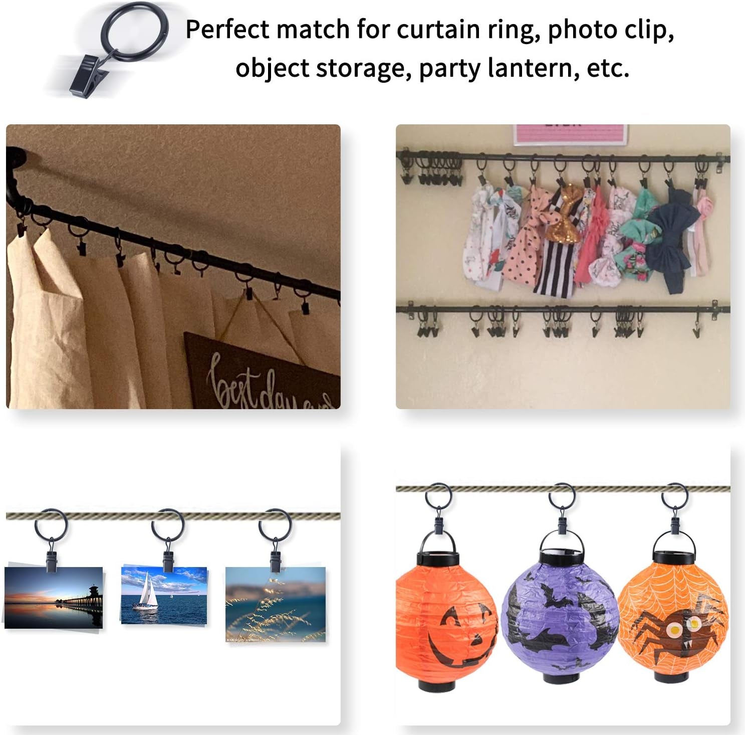 104 Pack Curtain Ring with Clips Decorative Drapery Window Ring with Hooks Strong Clip Ring for Curtain Panel Compatible with up to 5/8 Inch Drapery Rod (Black)