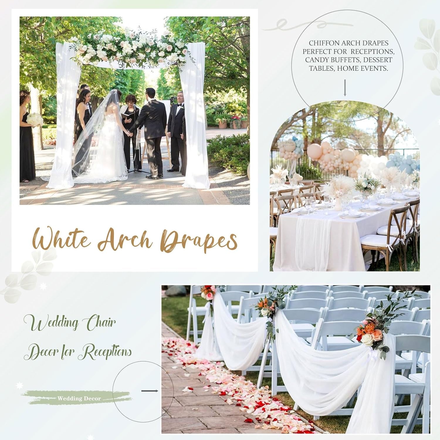 Wedding Arch Draping Fabric 3 Panels 27.5" X 18.3Ft White Arch Drape Chiffon Fabric Sheer Backdrop Curtains for Party Ceremony Wedding Ceiling Decorations