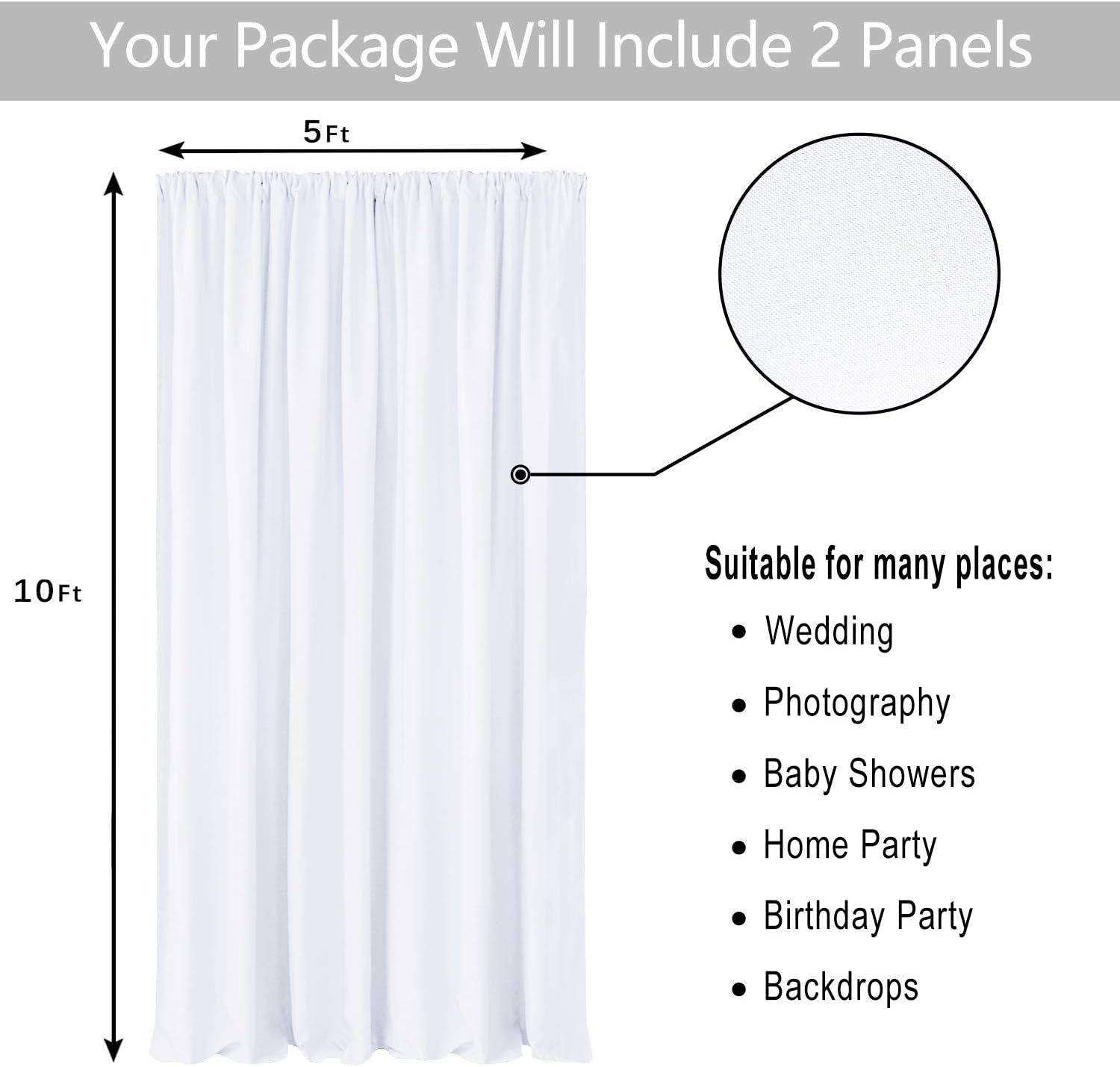 White Backdrop Curtains for Parties, Polyester Photography Backdrop Drapes for Family Gatherings, Wedding Decorations, 5Ftx10Ft, Set of 2 Panels
