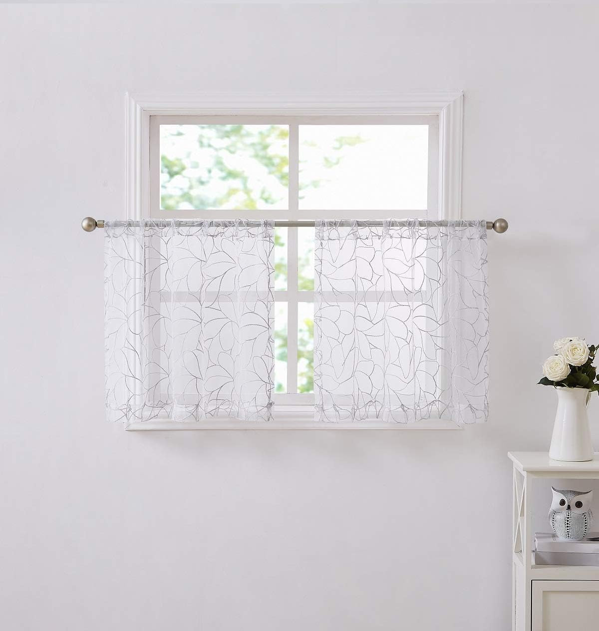 Pair of 30 X 24 Short White Kitchen Curtains with Silver Grey Thread. Use Our Boho Cafe Curtain Tiers as RV Window Curtains, Basement Curtains or Bathroom Drapes. O Silver Tiers 24"