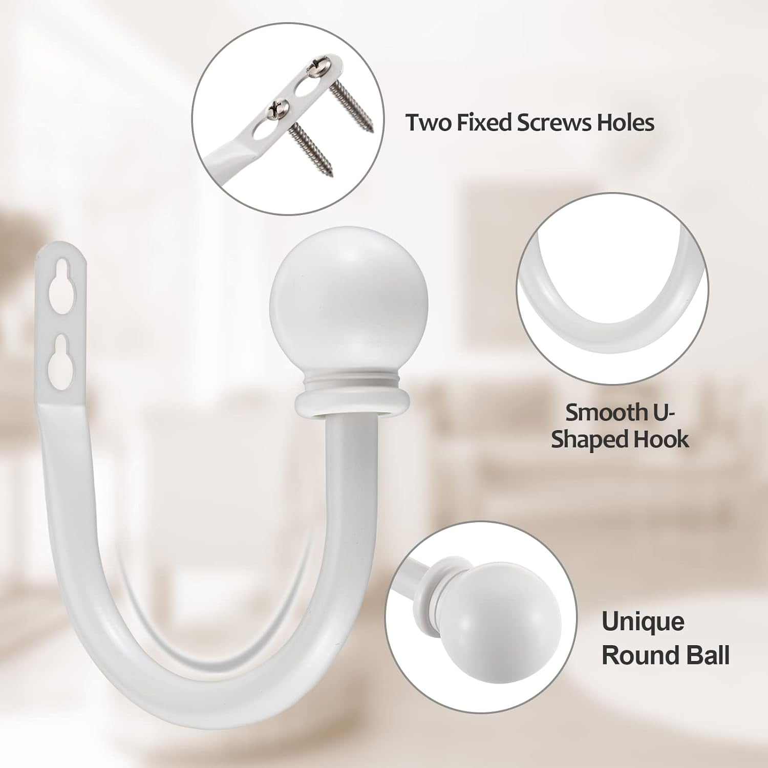 Set of 2 Decorative Curtain Holdbacks, Wall Mounted Aluminum Alloy Window Drapery Tiebacks for Bedroom, Livingroom Office Come with Screws, White