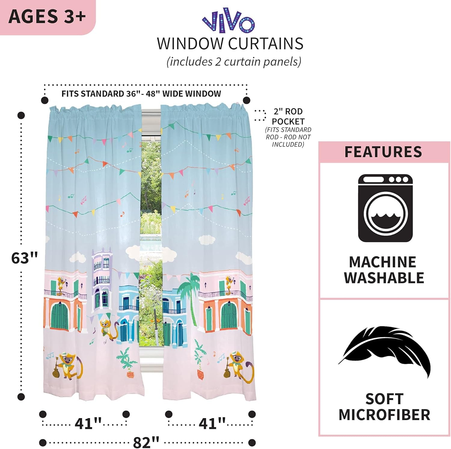 Kids Window Curtain Panels Drapes Set, 82 in X 63 In, Sony Vivo