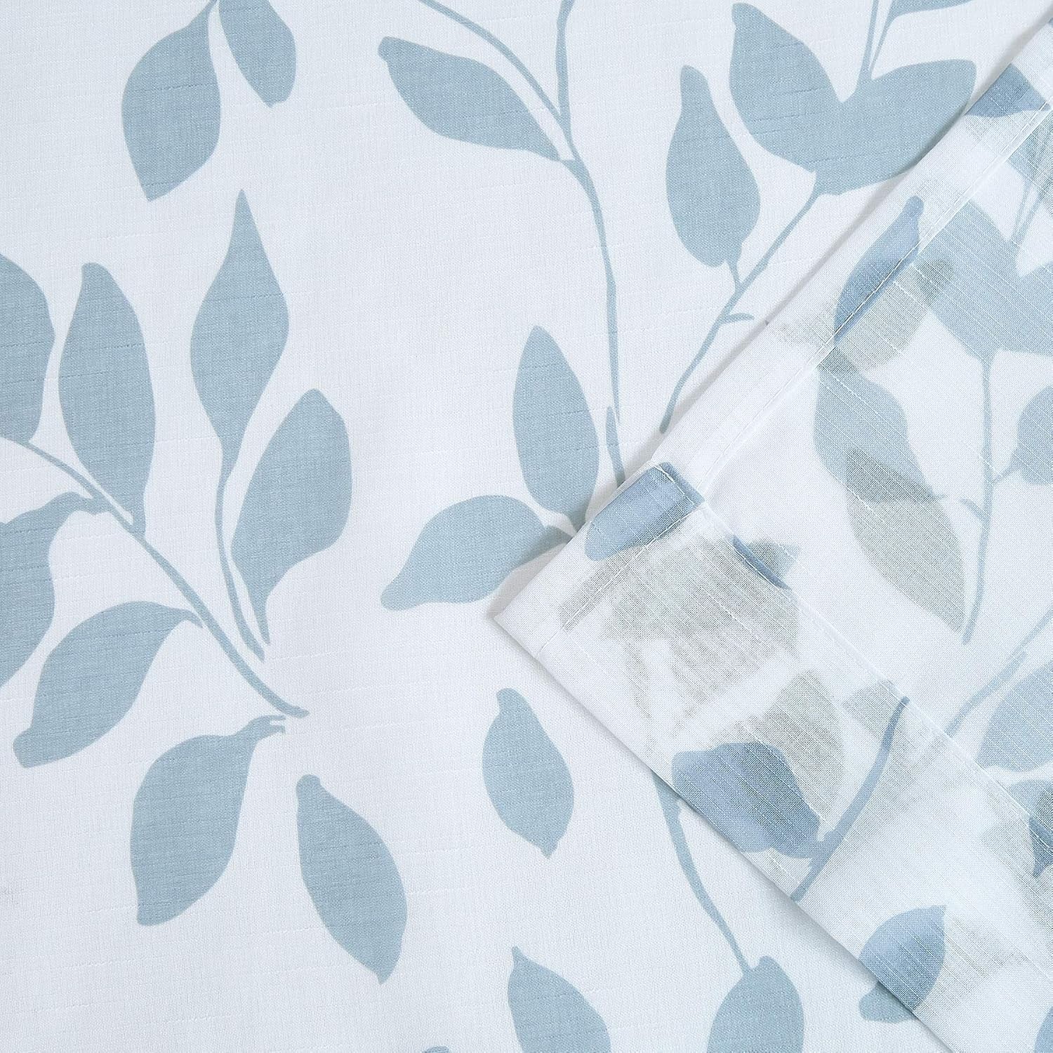 Blue White Sheer Curtains 84” Long Living Room Leaf Printed Linen Textured Semi Sheer Drapes for Guest Bedroom Botanical Country Rustic Light Filtering Window Treatment Sets for Dining Kitchen 2 Pcs