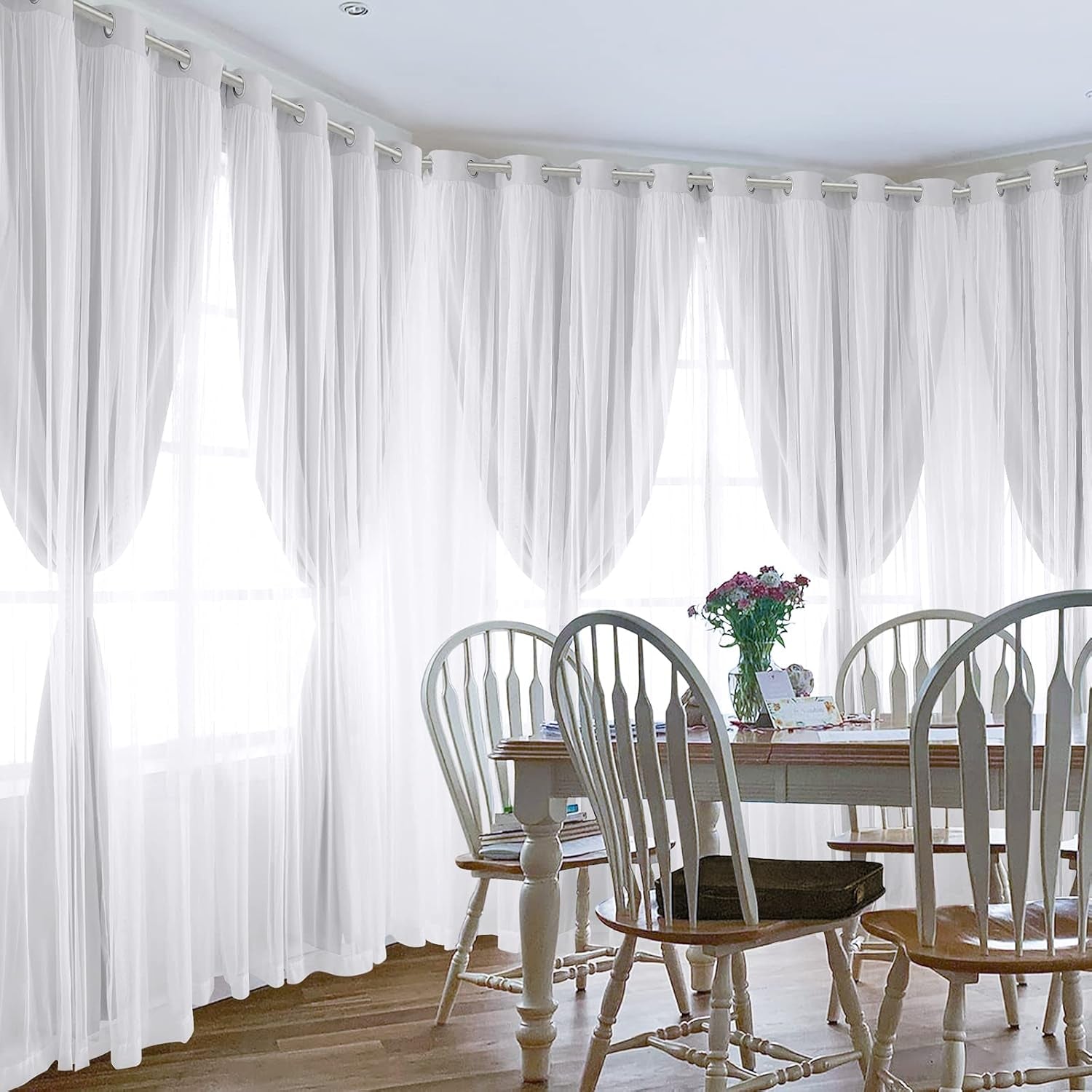 Double Layer Curtains Greyish White Blackout Curtains 96 Inch Length 2 Panels Nursery Grommet Drapes with Sheer Overlay for Girls Kids Bedroom