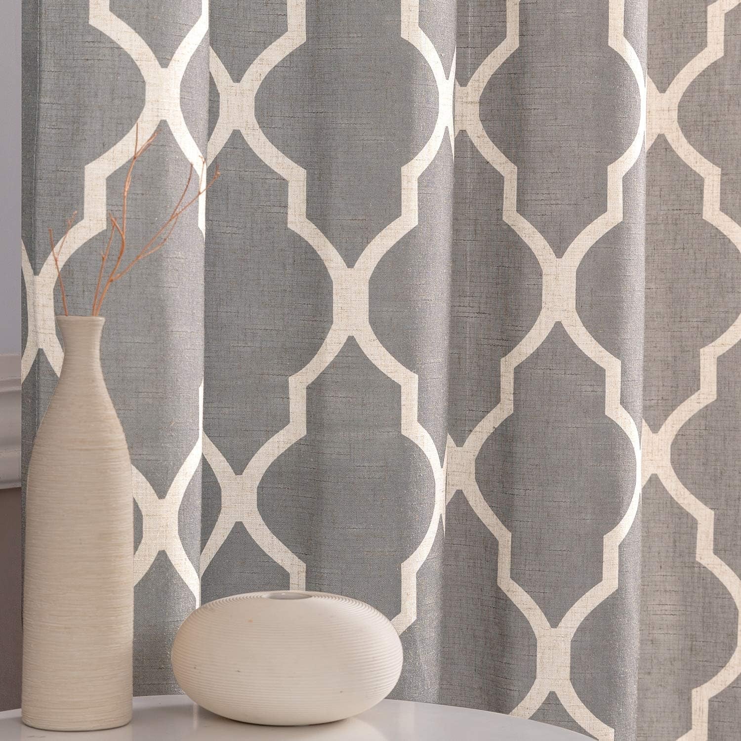 Curtains Charcoal Gray Linen Living Room Drapes Light Filtering Moroccan Tile Print Drapes Bedroom Curtain Flax Textured Geometry Lattice Grommet for Dining Room 84 Inch Length 2 Panels