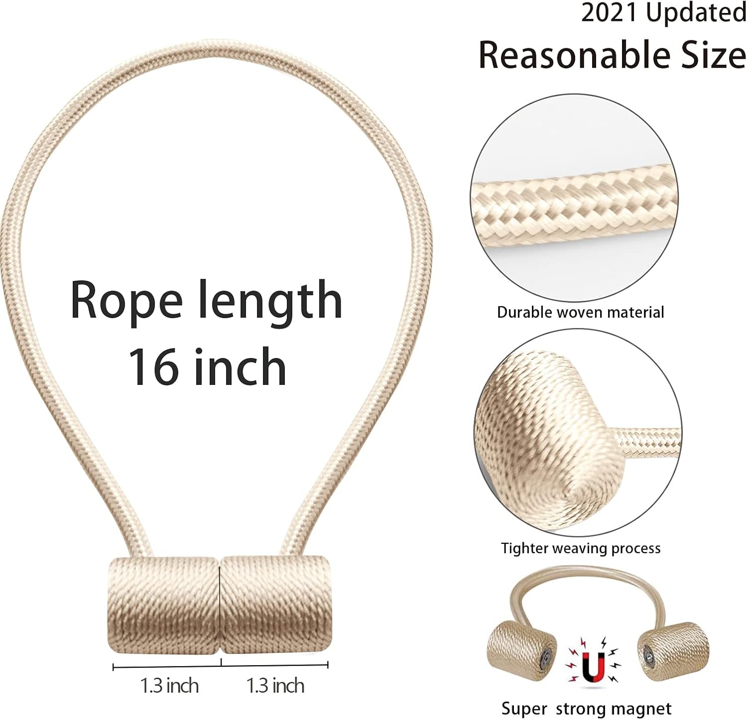 Curtain Tiebacks Clips VS Strong Magnetic Tie Band Home Office Decorative Drapes Weave Holdbacks Holders European for Blackout Sheer Window Treatment (2PCS, Beige)