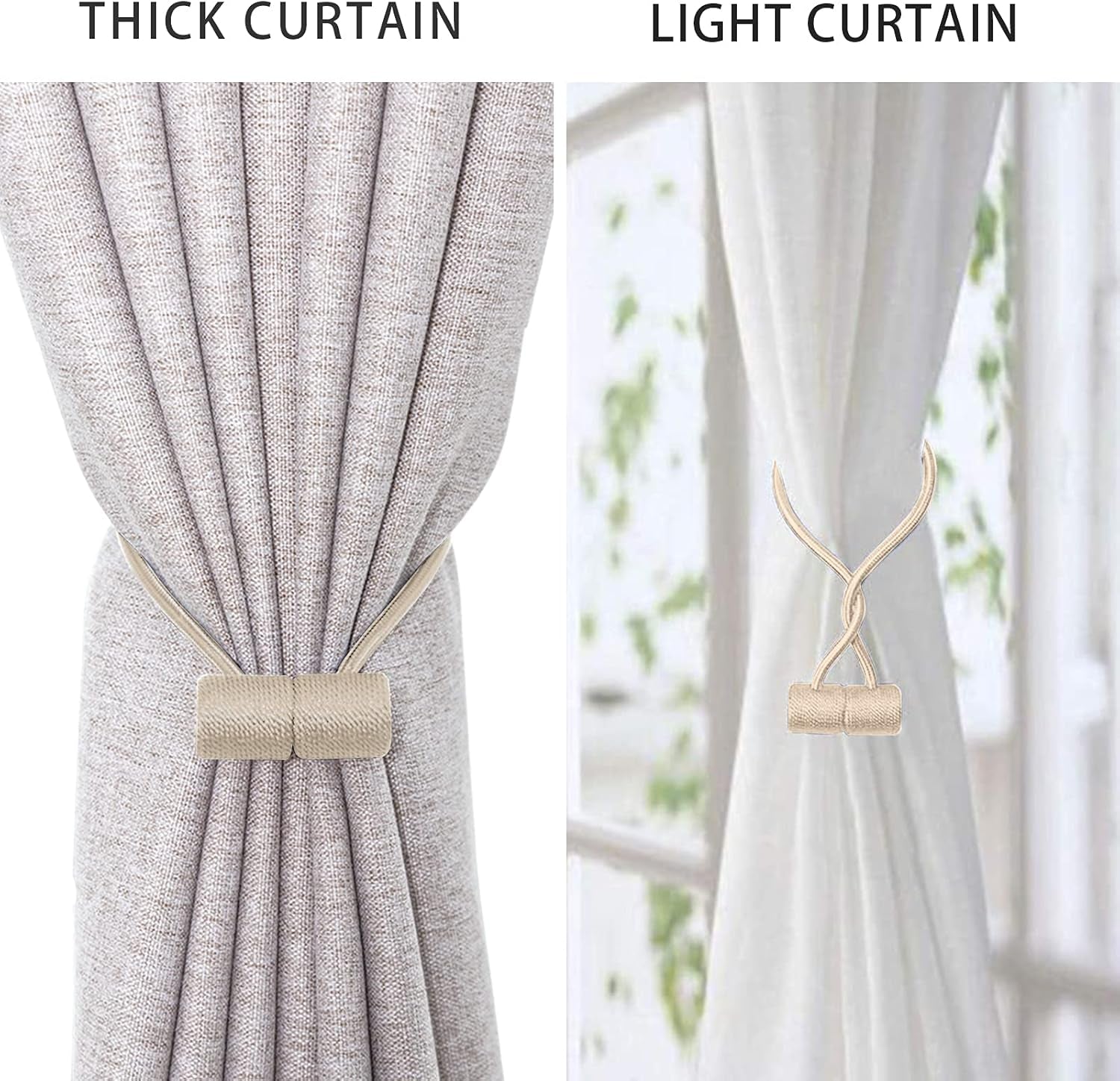 Curtain Tiebacks Clips VS Strong Magnetic Tie Band Home Office Decorative Drapes Weave Holdbacks Holders European for Blackout Sheer Window Treatment (2PCS, Beige)