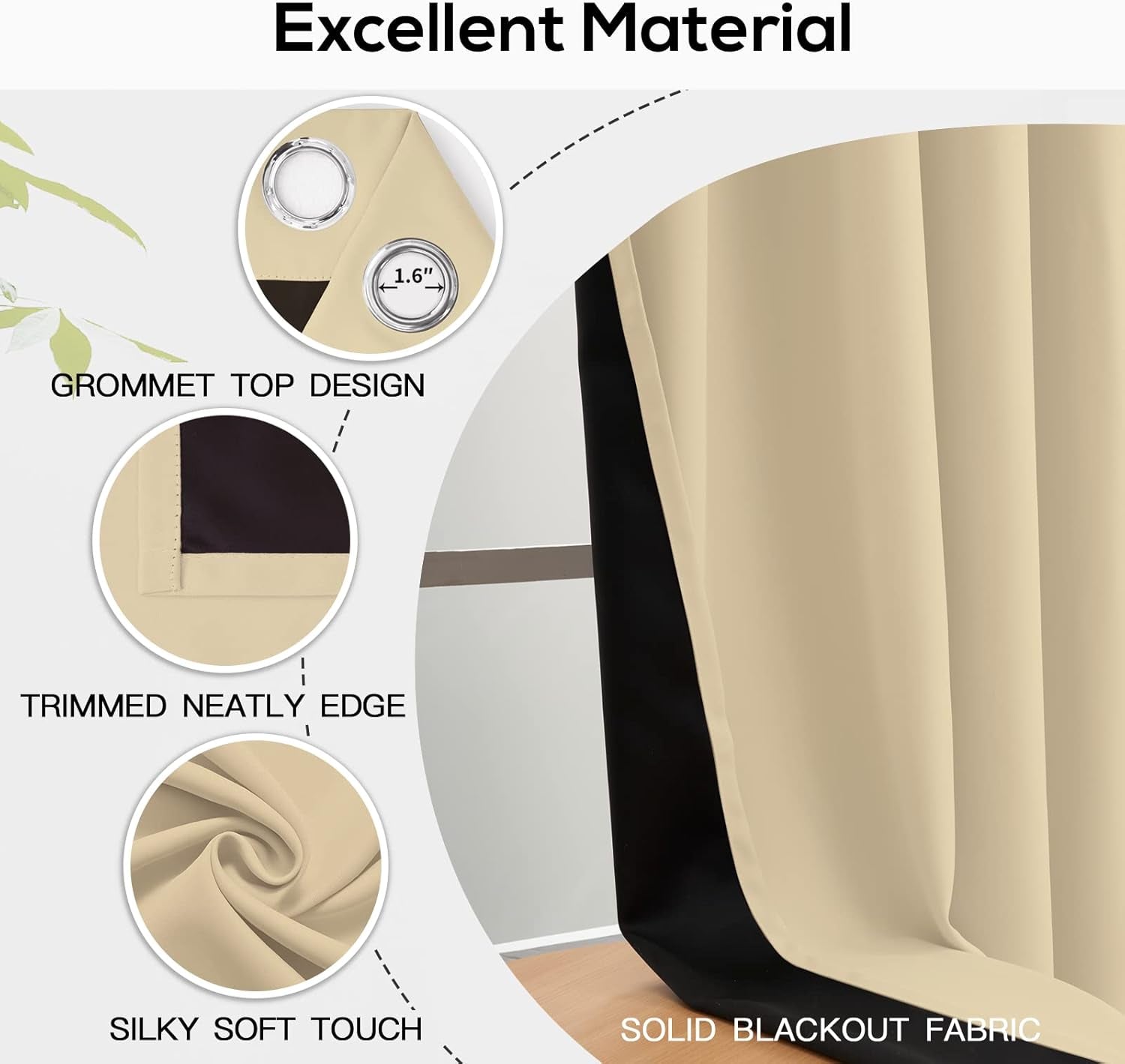 Thermal Insulated 100% Blackout Curtains for Bedroom with Black Liner, Light Blocking Drapes with Black Backing, Thermal Insulated Solid Grommet Panels for Living Room, 52Wx84L, Beige, 2 Panels