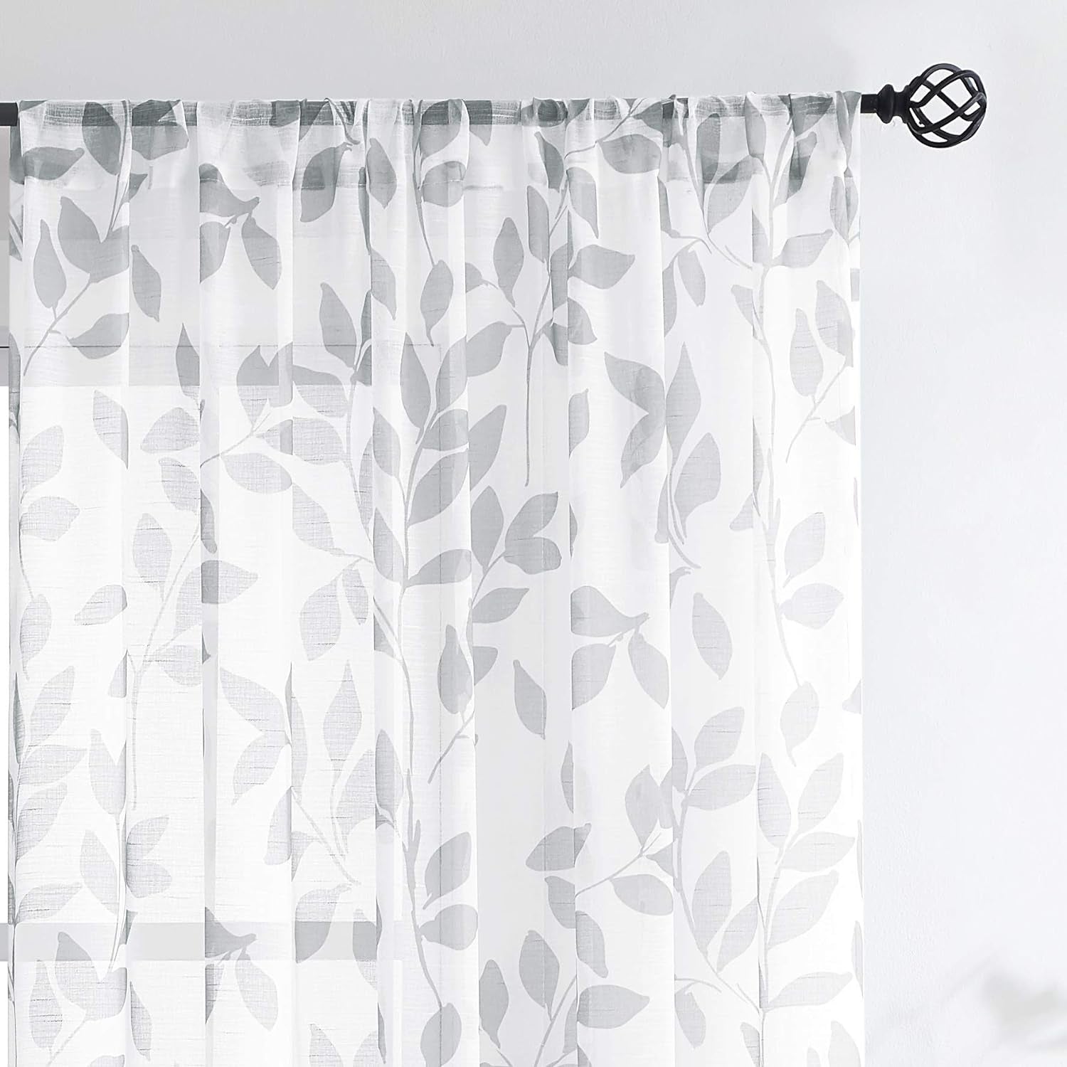 Grey White Sheer Curtains Living-Room 84 Inches Light Filtering Rural Gray Leaf Print Window Treatment Sets for Bedroom Country Style Botanical Garden Linen Textured Draperies 1 Pair Rod Pocket