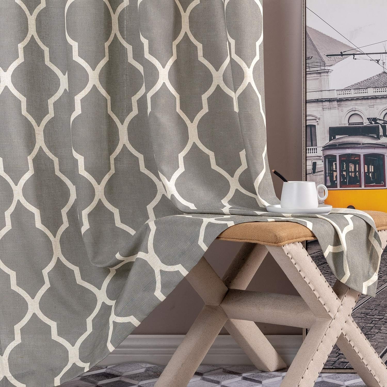 Curtains Charcoal Gray Linen Living Room Drapes Light Filtering Moroccan Tile Print Drapes Bedroom Curtain Flax Textured Geometry Lattice Grommet for Dining Room 84 Inch Length 2 Panels