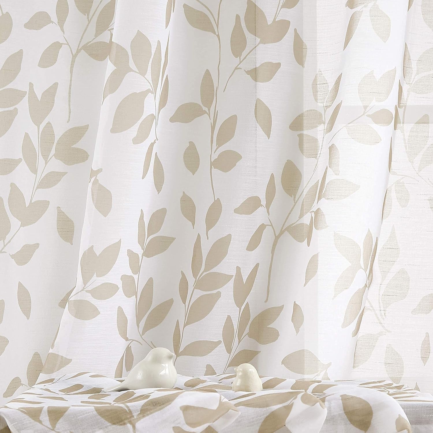 Leaf White Sheer Curtains for Living Room Bedroom 84Inches Long Taupe Leaves Print Light Filtering Rustic Window Curtain Panels Botanical Linen Textured Look Drapes for Garden Patio Office 50” W 2Pcs