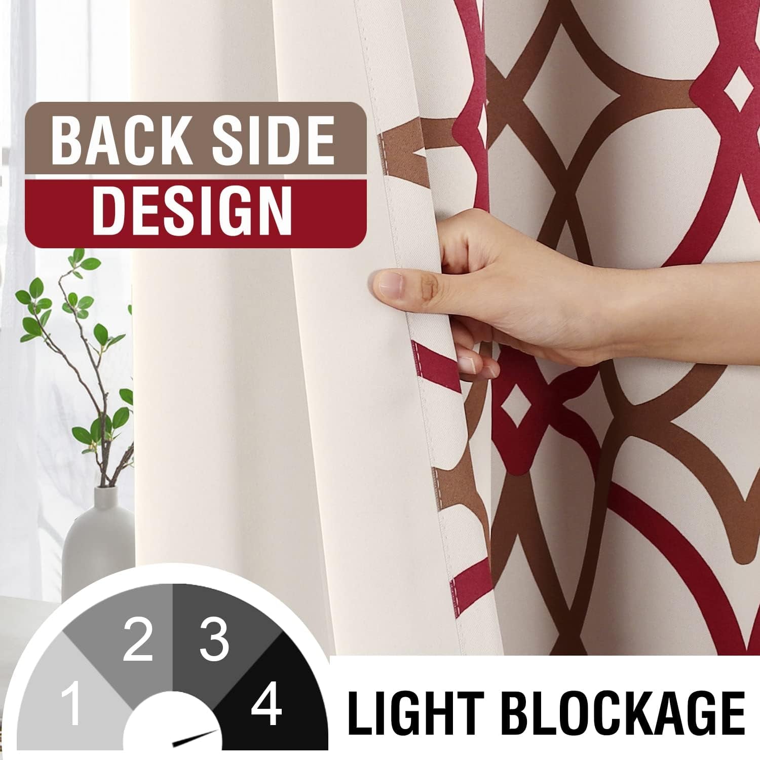 Printed Design Blackout Curtains for Bedroom 96 Inch Length Thermal Insulated Curtains for Bedroom Living Room Modern Grommet Window Drapes 2 Panels Set, Taupe and Red