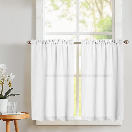 White Kitchen Curtains 36 Inch Length Casual Weave Textured Cafe Curtains Semi Sheer Short Drapes for Bathroom Bedroom Tier Drapes Rod Pocket Half Window Treatments 2 Panels