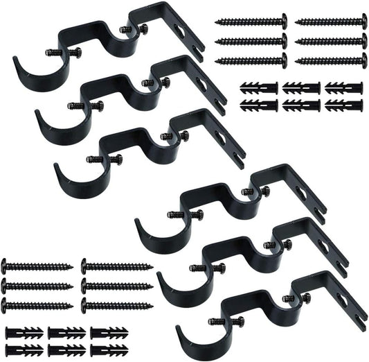 6 Black Curtain Brackets, Double Adjustable Hangers for Windows & Bedrooms