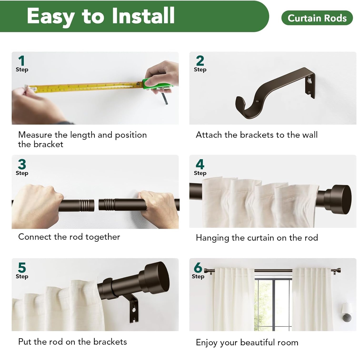 Curtain Rods for Windows 32 to 45, 1 Inch Diameter Adjustable Heavy Duty Long Window Curtain Rod, Outdoor Modern Style Drapery Rods with Simple End Caps, Size 32" - 45", Antique Bronze