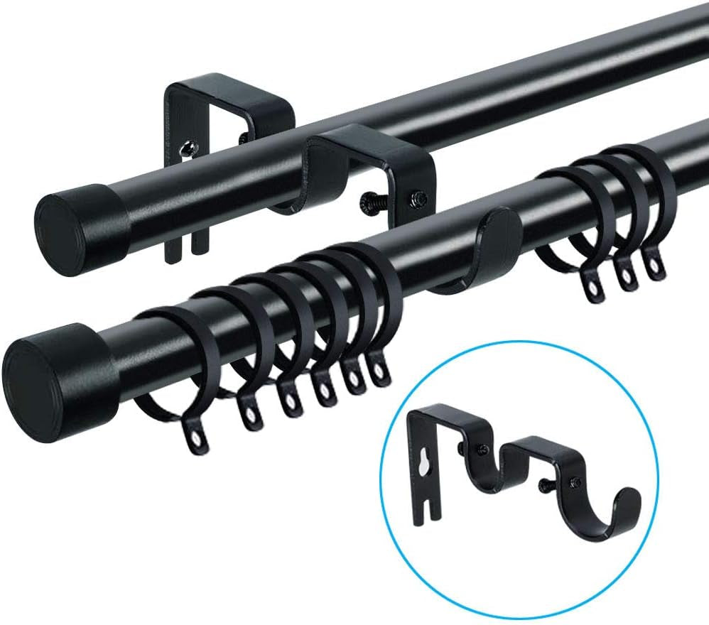 6 Black Curtain Brackets, Double Adjustable Hangers for Windows & Bedrooms