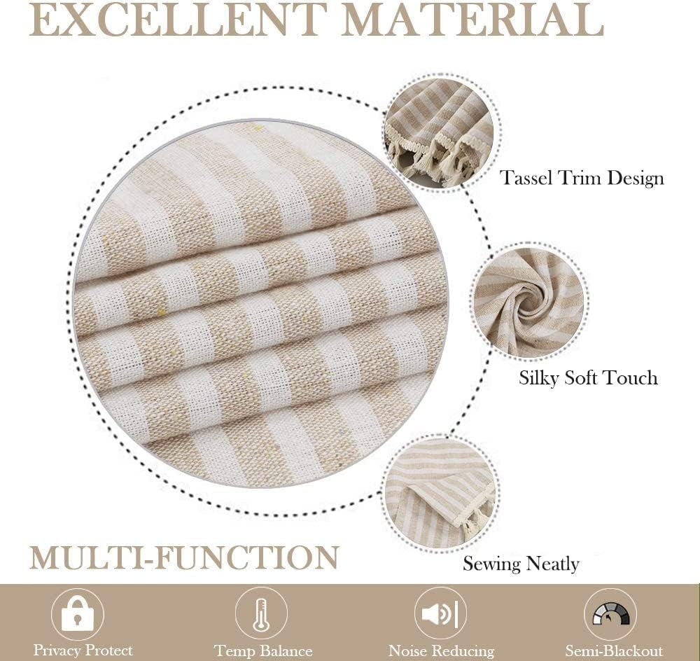 Striped Farmhouse Curtains for Living Room, 2 Panels Cotton Linen Room Darkening Curtains 63 Inch Length Tassel Beige Rod Pocket Window Drapes for Dining Nursery Doorway