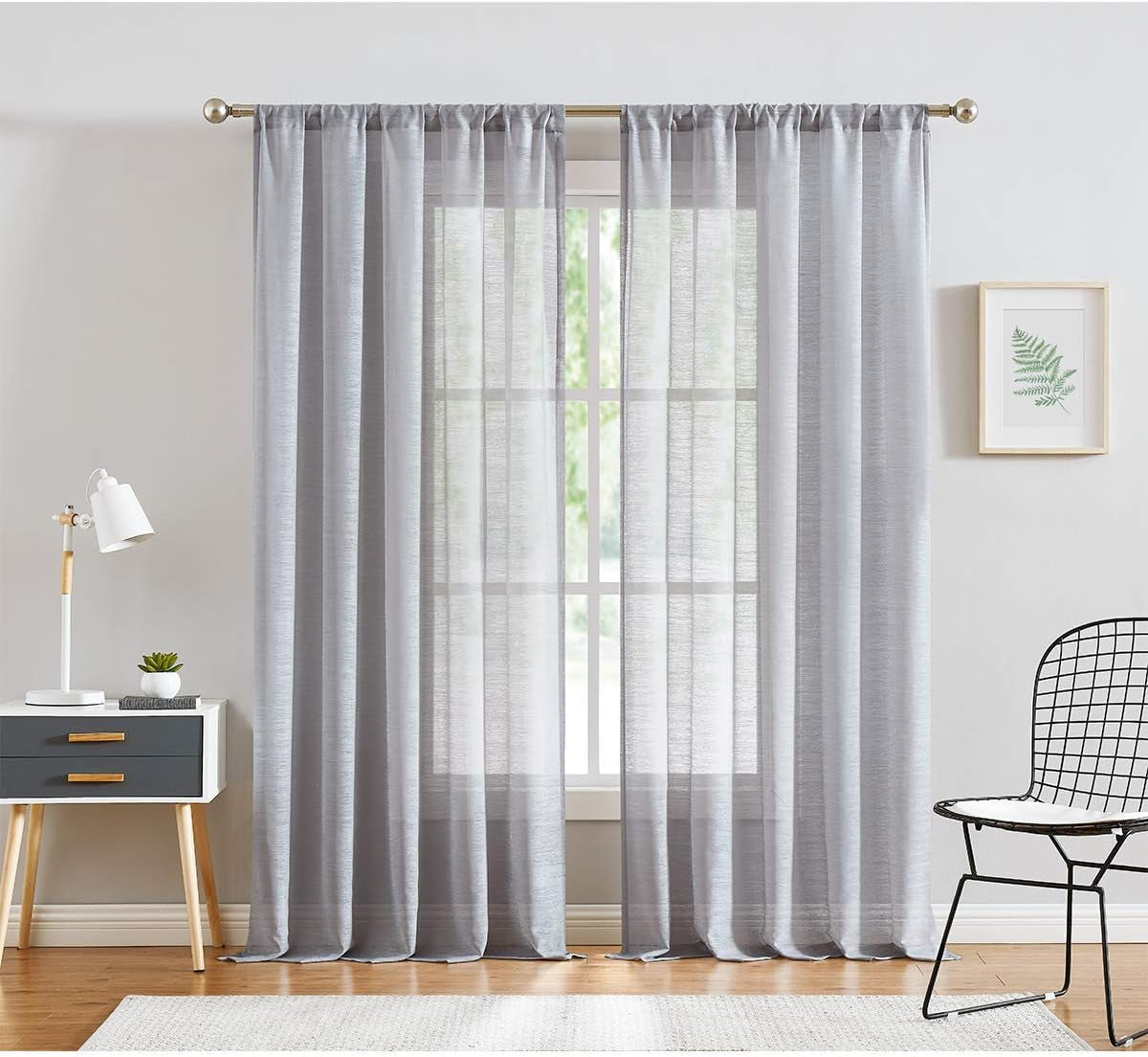 Slub Sheer Grey Curtains 96Inch-Long for Living Room Textured Window Draperies 2 Panels