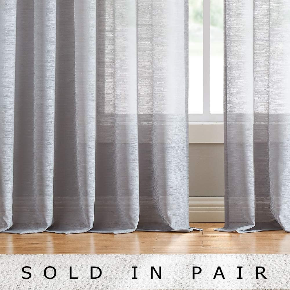 Slub Sheer Grey Curtains 96Inch-Long for Living Room Textured Window Draperies 2 Panels