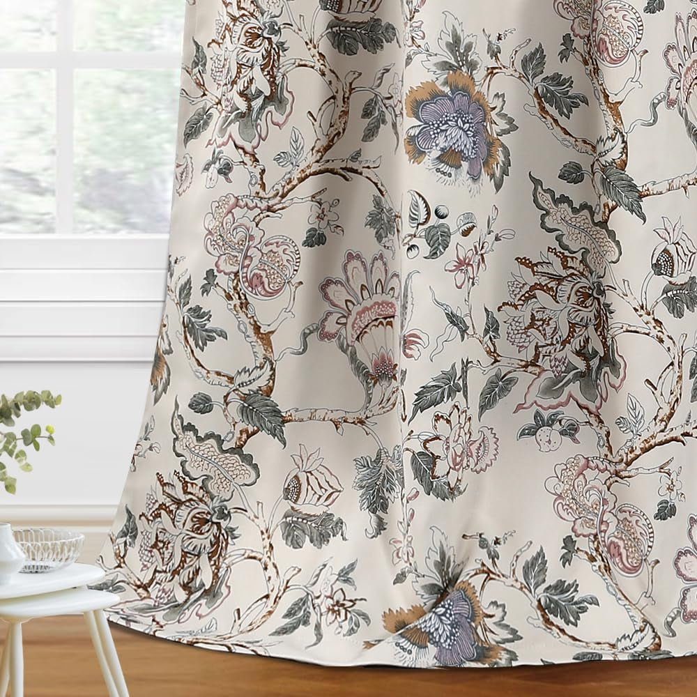 Blackout Curtains 63 Inch Length 2 Panels Set Floral Print Curtain Drapes for Living Room Thermal Insulated Grommet Window Curtains for Bedroom - Traditional Floral in Sage and Brown