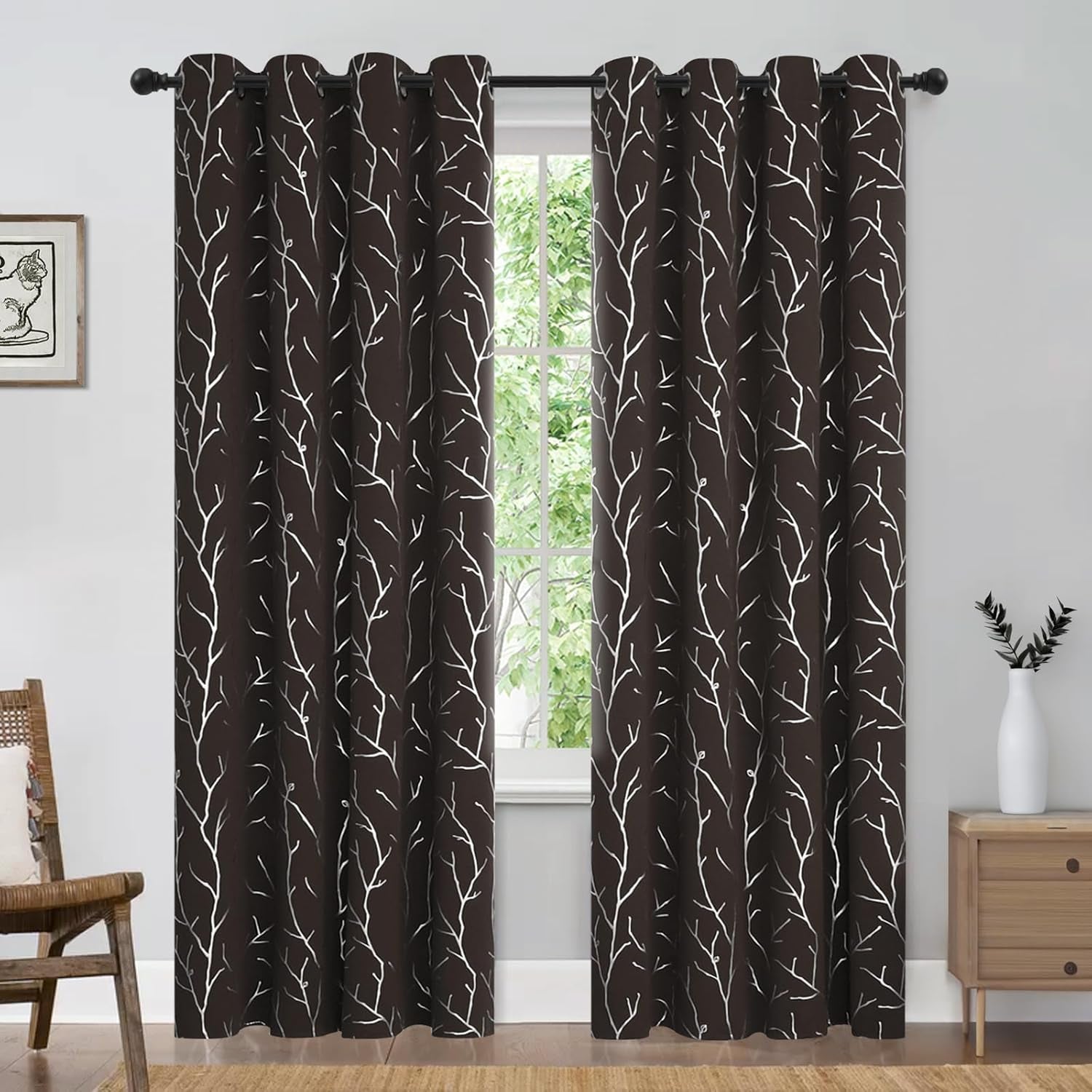 Blackout Curtains Tree Branches Design Window Curtains 84 Inches Long 2 Panels Grommet Thermal Insulated Darkening Curtains for Bedroom 52W X 84L Brown