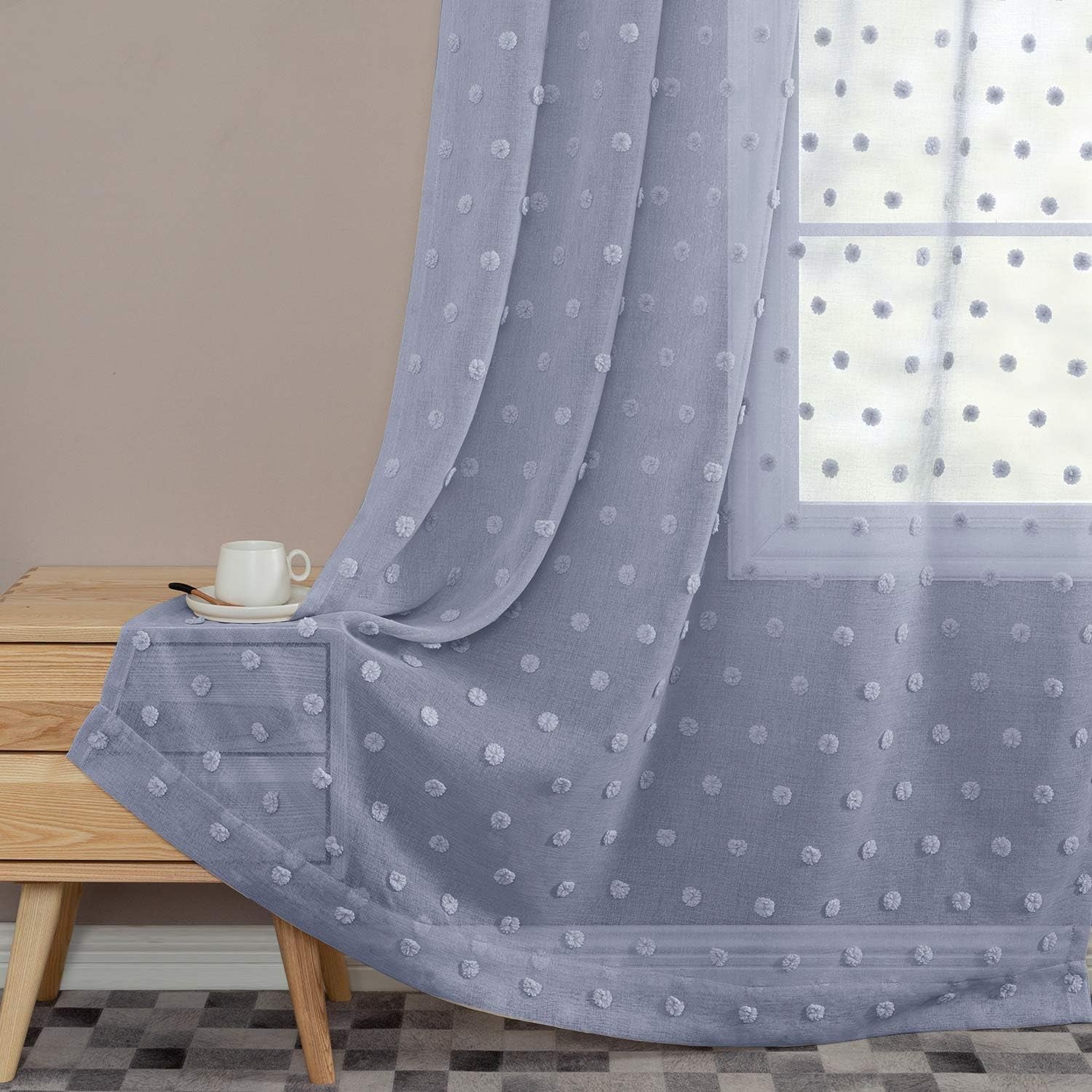 Sheer Curtains Pompom Pink Voile Pom Pom Window Curtains for Bedroom Girls Room Nursery Kids Teenage Room Rod Pocket 2 Panels 96 Inch Long Curtain Set