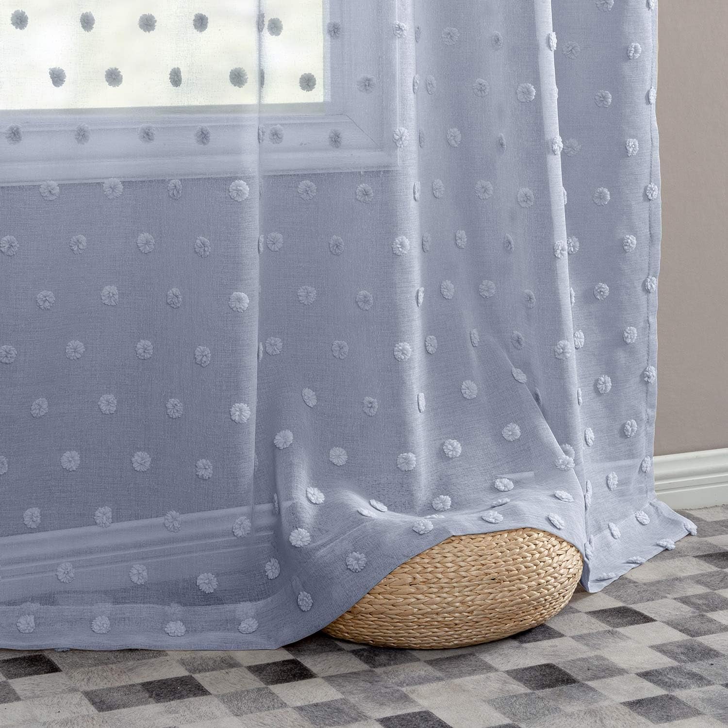 Sheer Curtains Pompom Blue Voile Pom Pom Window Curtains for Bedroom Girls Room Nursery Kids Teenage Room Rod Pocket 2 Panels 63 Inch Long Curtain Set