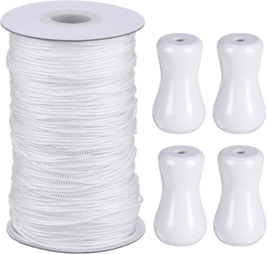 1.8 Mm White Braided Lift Shade Cord 55 Yards/Roll with 4 Pieces Wood Pendant for Aluminum Blind Shade, Gardening Plant and Crafts (White)