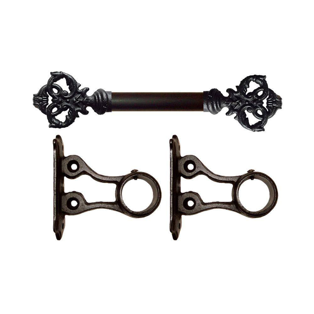 4 Ft. Fixed Length 1 In. Dia. Metal Drapery Single Curtain Rod Set in Black with New Orleans Finial