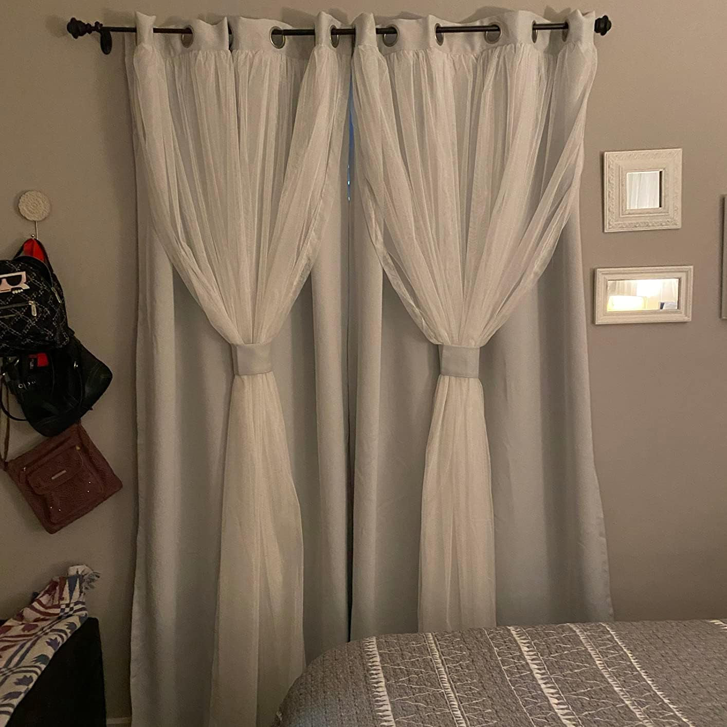 Double Layer Curtains Greyish White Blackout Curtains 96 Inch Length 2 Panels Nursery Grommet Drapes with Sheer Overlay for Girls Kids Bedroom