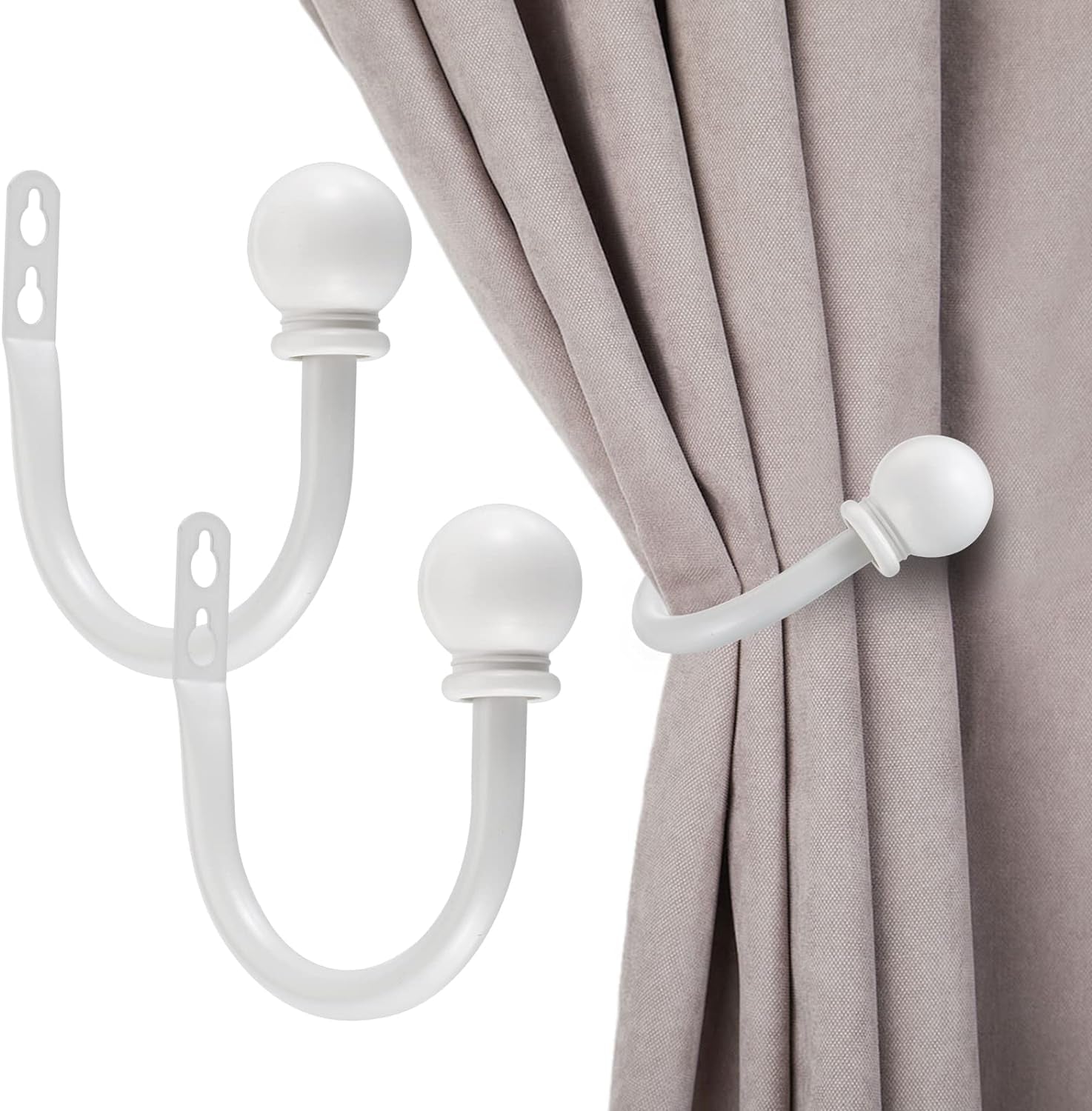 Set of 2 Decorative Curtain Holdbacks, Wall Mounted Aluminum Alloy Window Drapery Tiebacks for Bedroom, Livingroom Office Come with Screws, White