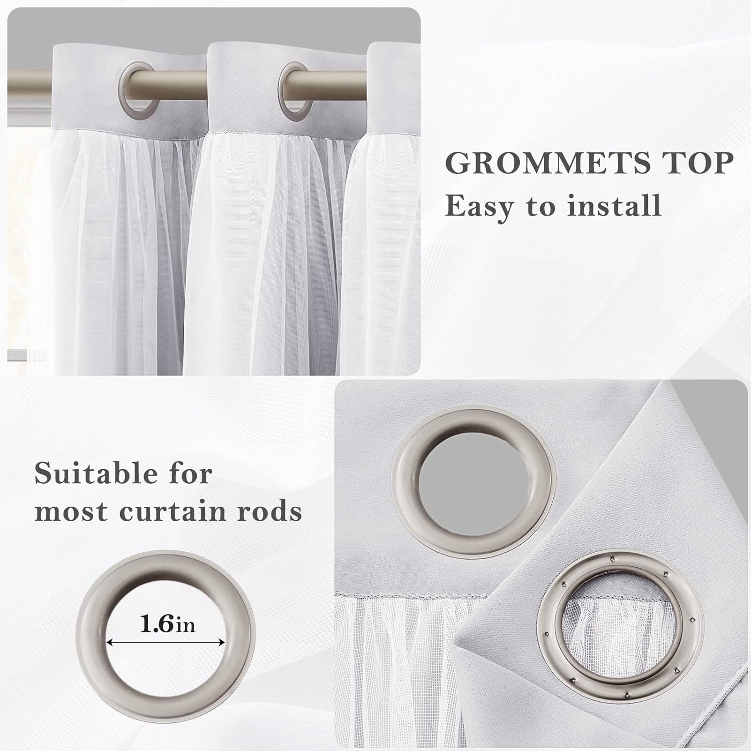 Double Layer Curtains Greyish White Blackout Curtains 96 Inch Length 2 Panels Nursery Grommet Drapes with Sheer Overlay for Girls Kids Bedroom