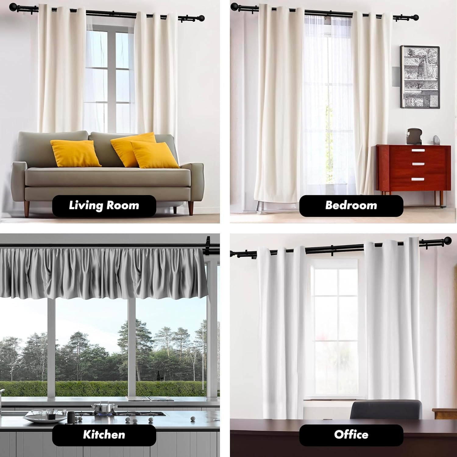 1-Inch Diameter Ball Telescoping Double Window Treatment Curtain Rod, 48-Inch to 84-Inch, Black