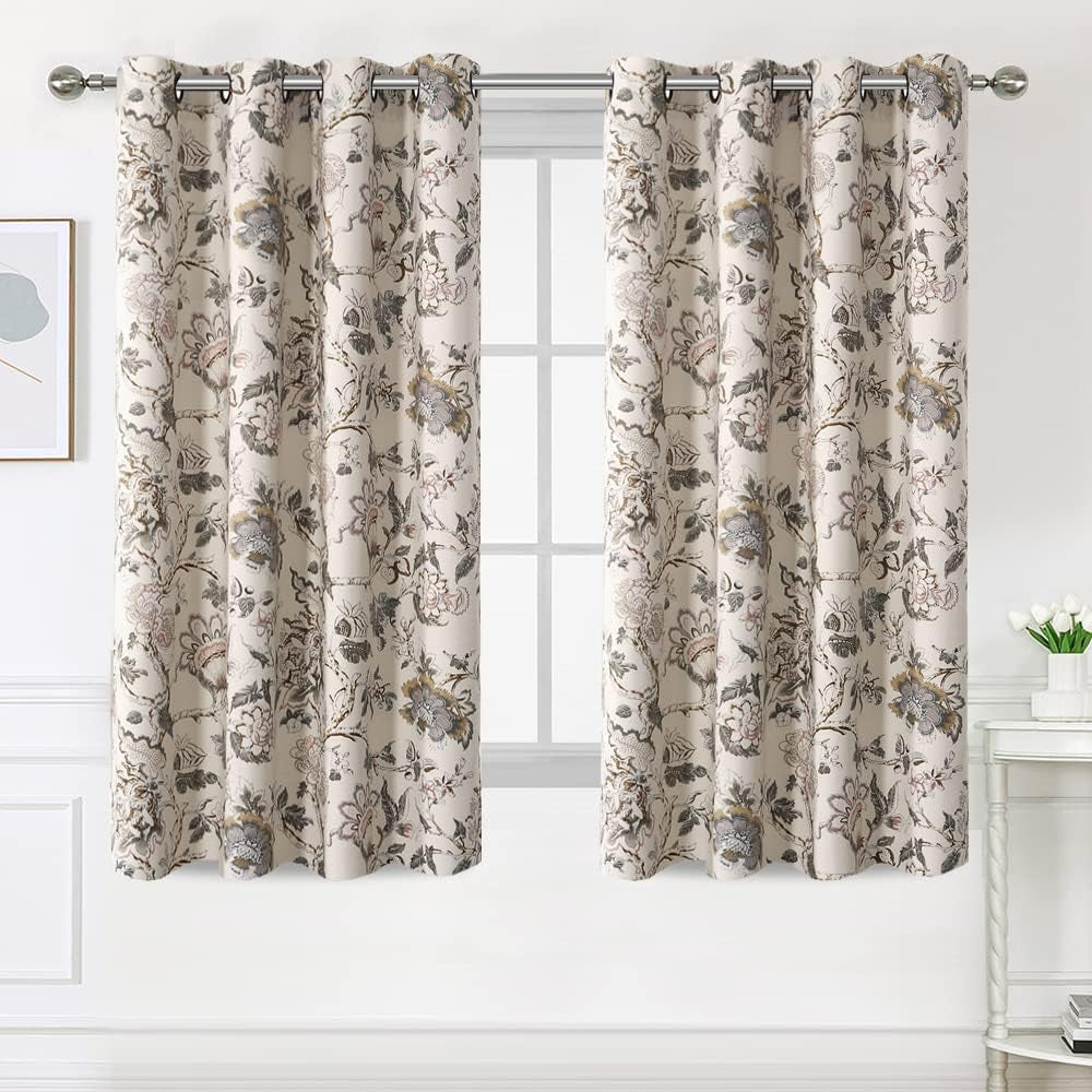 Blackout Curtains 63 Inch Length 2 Panels Set Floral Print Curtain Drapes for Living Room Thermal Insulated Grommet Window Curtains for Bedroom - Traditional Floral in Sage and Brown