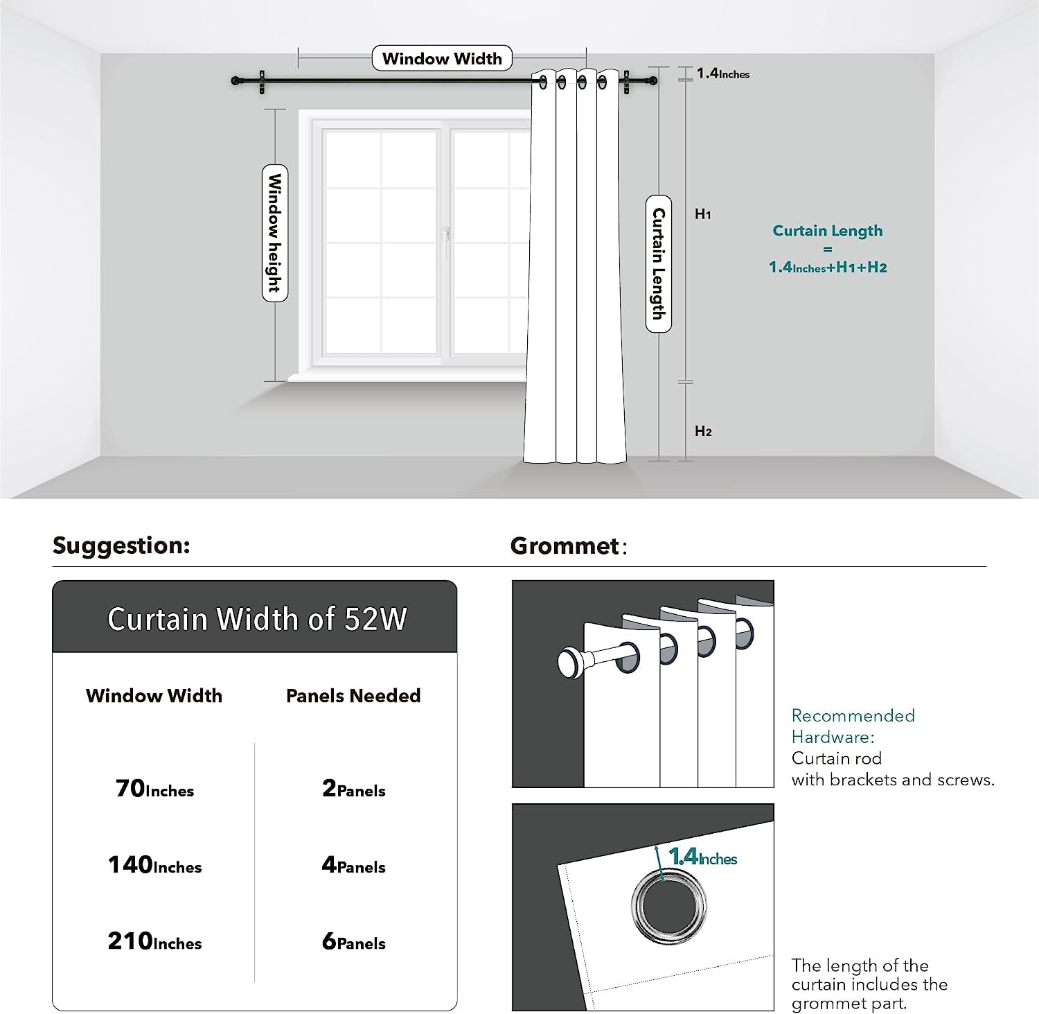 Linen 100% Blackout Grommet Curtains for Bedroom and Living Room,Teal,52X84 Inches,2 Panels