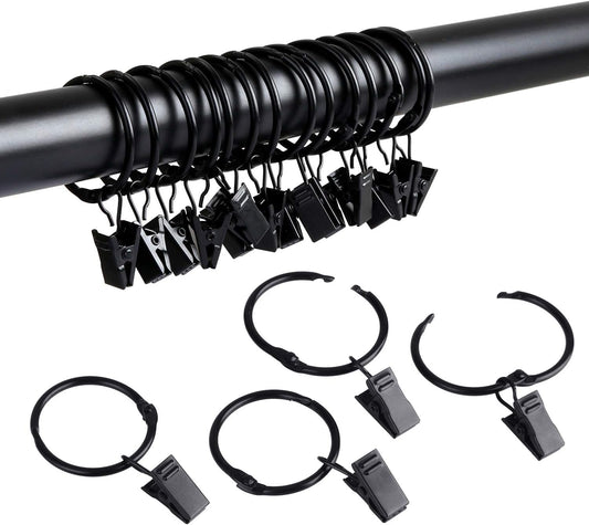 36 Pack Metal Openable Curtain Rings with Clips, 1.22 Inch Interior Diameter, Fits up to 1 Inch Rod, Heavy Duty Rustproof Vintage Decorative Drapery Eyelet Curtain Rods Hangers Rings, Black